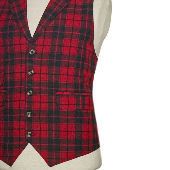 Mens Plaid Vest 46R Red Black Wool Waistcoat Preppy Wedding Party Formal Casual - Picture 5 of 8